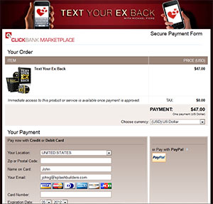 Clickbank order form for Michael Fiore's Text Your Ex Back